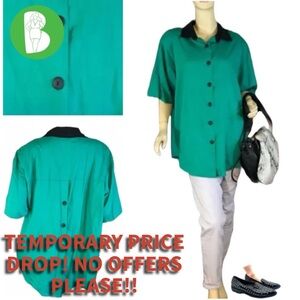 VINTAGE 1990'S LIVE IT UP VINTAGE TEAL AND BLACK BACK BUTTON ACCENT BLOUSE (20W)